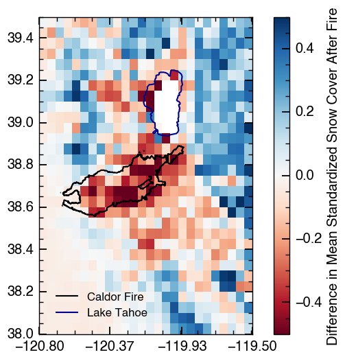 Map of snow cover change around the Caldor Fire burn scar and Lake Tahoe