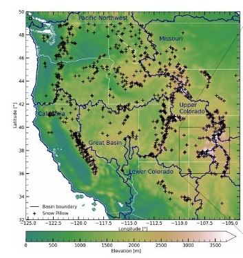 Snow pillow locations across the western United States with downscaled climate projections